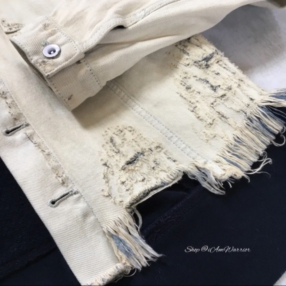 Free People Distressed Cropped Denim Jacket w/ Hooded Layer *shop@iamwarrior - Picture 7 of 10